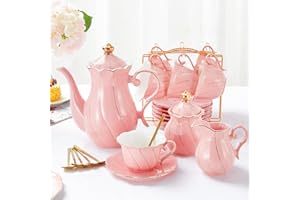 DUJUST 22 pcs Porcelain Tea Set for 6, Luxury British Style Tea/Coffee Cup Set with Golden Trim, Beautiful Tea Set for Women, Tea Party Set, Gift Package (with a Stand) - Pink