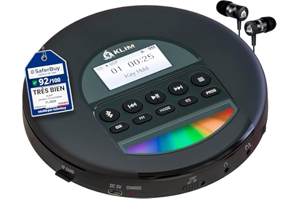 KLIM Nomad - Nouveauté - Lecteur CD Portable - Batterie Intégrée Longue Durée - avec Écouteurs - Compatible CD-R, CD-RW, MP3 - Bluetooth Baladeur Lecteur CD pour Voiture, Maison, Extérieur - Noir