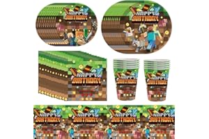 IOSCDH 51 Pcs Anniversaire Vaisselle Kit, Mine-craft Vaisselle de Fête, 10 Invités Mine-craft Vaisselle Kit, Mine-craft Party Décorations Fournitures Plate Serviette en Papier Tasse Nappe Vaisselle de Fête