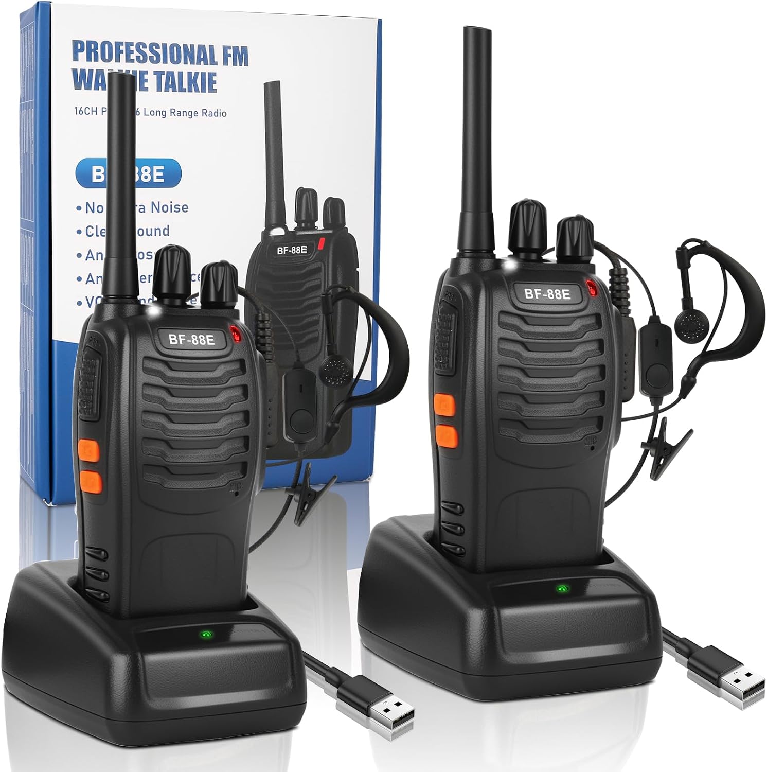 Walkie Talkie Profesionales, USB Recargables 1500mAh, 16 Canales CTCSS DCS, PMR 446 Radiocomunicación con el Auricular Incorporado Antorcha de LED, VOX - 1 Pare Negro BF-88E