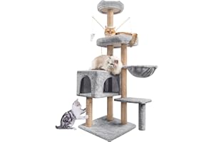 HOMIDEC Katzen Kratzbaum, 145 cm Katzenbaum Kletterturm, Kletterbaum Aktivitätskratzbäum mit Säulen vollständig mit Sisal umwickelt, Katzenspielzeug, Höhle, Plattformen, Liegemulde, Hellgrau