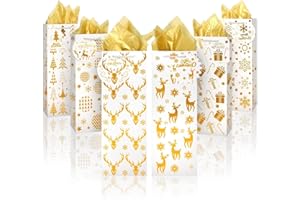 LATERN 12 Piezas Bolsas de Botellas de Vino Navideñas, 12CM x 10CM x 35CM Bolsas para Botellas de Vino de Lámina Dorada con Papel de Seda, Etiquetas y Manija para Navidad Regalo Envase (6 Estilos)