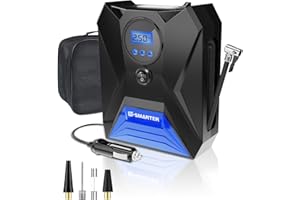 E-SMARTER Car Tyre Inflator Air Compressor, Car Tyre Inflator 12v, Protable Tyre Pump 120W/150 PSI/10.5 Bar with 3 Nozzle Adaptors, LED Light, Suitable for Bicycle, Motorcycle, Ball