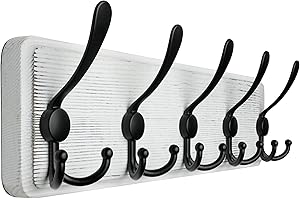 WEBI Appendiabiti da Parete,Attaccapanni da Muro con 5 Ganci Tripli,Appendiabiti da Muro,Attaccapanni da Parete Legno,Appendino da Muro per Cappotto,Vestiti,Nero su Bianco