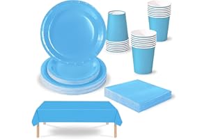 COSORO 69 piezas Azul Claro Platos Desechable Juego de Vajilla Desechable Decoración Cumpleaños Fiesta,Platos Servilletas Copa de Papel y Mantel,para Bodas,Picnics,Baby Shower,Biodegradable,Compostables