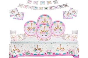 Offer Shop Unicorn Theme Party Supplies - 50 Piece Kids Birthday Party Decorations Set, Included - Plates, Cups, Napkins, Tablecloth and Paper Banner, Serve 16 Guests