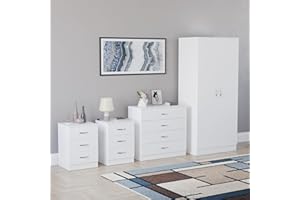 Vida Designs Riano 4 Piece Bedroom Set - 3 Drawer Bedside Chest, 4 Drawer Chest, 2 Door Wardrobe - White