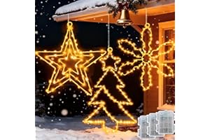 Joycome Luces Navidad Ventana 3 Piezas Copo de Nieve/Árbol de Navidad/Estrella Luce a Pilas, Colgando Luz Navideñas Exterior con Temporizador, Impermeable Luce Navideñas para Ventana Interior Exterior