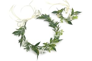 MIVAIUN 1Stk Grüne Krone Blattkronen Tiara und 1Stk Blatt Blumen Armband Waldelfen Kopfschmuck Blattblumen Stirnband Braut Tiara Waldfee Kostüm Damen Haarschmuck Grün Blumenkrone für Hochzeit Party.