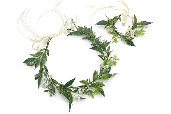 MIVAIUN Grön blomkrona och armband eukalyptuskrona girlang huvudbonad med band justerbar krans blad blommig festival boho bröllop lämplig för barn kvinnor