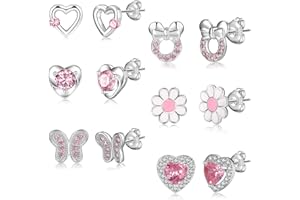 RANKEEF 6-8Paare 925 Sterling Silber Ohrringe für Mädchen Damen Hypoallergene Ohrringe Tiny Herz Hoop Ohrringe CZ Ball Schmetterling Daisy Gestüt Sets für Teenager Kinder Kleinkind Rosa Silber