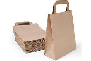 Inoverse Lot de 50 sacs en papier kraft marron avec anses, 18 + 08 x 22 cm, sacs cadeaux en papier kraft, grands sacs à provisions