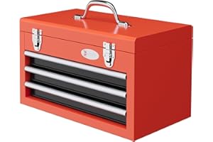DURHAND Caja de Herramientas de Acero con 3 Cajones Tapa Abatible Bandeja Superior Cierres Metálicos y Asa Maletín de Herramientas Portátil para Taller Bricolaje Hogar 45x24x27 cm Rojo