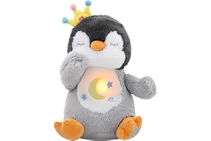 Edencomer Peluche Que Respira, Bebe Dormir Peluche Respiras Ansiedad, Stitch Que Respira con Música Luces Movimientos De Respiración, Juguete para Bebés Recién Nacidos Niñas y Niños (Pingüino Gris)
