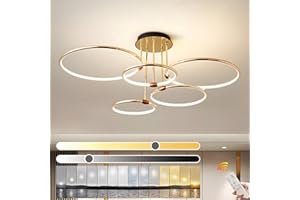 YYUTLUO LED Plafoniera, Ø93cm Lampadario Cerchio In Metallo Dorato, 108W Dimmerabile Continuo 3000-6000K, Lampadario Rotondo Moderno In Placca Camera Letto Soggiorno Bambini Ufficio Studio (5 Anelli)