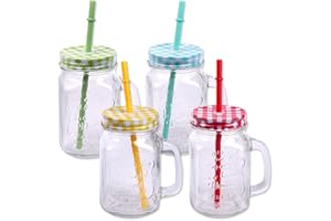 Schramm® 4 Verres à Boire avec Couvercle, Anse, Paille réutilisable, env. 500ml réutilisable (III) Verre Verre à Boire