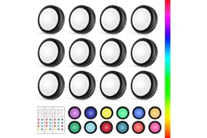 Yiliaw LED Puck-Lichter mit Fernbedienung,AA-Batteriebetriebene Lichter,12 Farben Schrankbeleuchtung,Unterbauleuchten,Drucklichter,Unterschrankbeleuchtung für die Küche,12er-Pack,Weiß