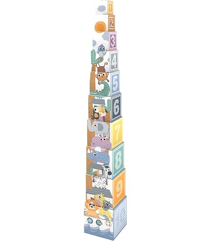 Pyramide D'Empilement Janod Les Animaux Tous Mignons - 10 Cubes En Carton - Jouet D'Éveil Dès 1 An