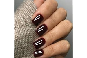 NLFOX Wine Red Press on Nails - 24pcs French False Nails - Short Square Fake Nails with Glue - 12 Sizes Glossy Cherry Stick on Nails - Full Cover French Tip False Nails for Women and Girls Nail Art