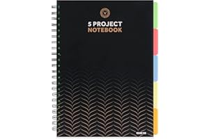 VABE UK A4 Project Notebook - 5 Dividers - 200 Pages (100 sheets) - 100gsm White Ruled Paper - Thick Matte Laminated Cover. (Black)