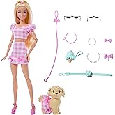 دمية وجرو من Barbie Compatible Friends ذات شعر أشقر، ترتدي نمط القماش القطني والملابس والنظارات الشمسية ذات اللون الوردي والقلادة