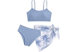 LIKCAISA Mädchen-Bikini-Set mit Röcken, Geripptes Badeanzug-3-Teil-Set, Schwimmbekleidung für Teenager, Größen 9 10 11 12 13 14 Jahre (128,134,140,146,152,158,164)