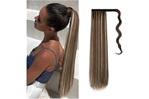 Cybelleza 55cm Coleta Postiza Pelo Natural Extensiones de Cabello Natural Clip Pelo Sintetico Liso Cola de Caballo Coleta Postiza Larga Ponytail, Castaño/rubia