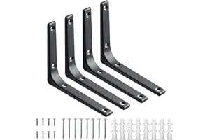 JOI WORLD Shelf Brackets Black 4 Pcs 6 Inch Premium Right Angle Corner Brackets for Shelf – Support Shelving Brackets for Wall Hanging – Heavy-Duty Steel Angle Brackets for Floating Shelves