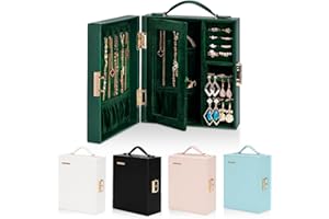 Enthralite Travel Jewellery Case, Travel Must Have, Portable Jewellery Box with Mirror, PU Leather Small Organizer for Rings, Earrings, Necklaces, Bracelets (Dark Green)