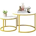ARFARLY Round Coffee Table Set of 2 End Tables for Living Room, Nesting Coffee Table Wooden Accent Furniture with Golden Metal Frame,Stacking Side Tables