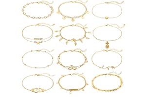 FUNEIA 12 Stücke Fußkettchen für Damen Wasserfest Mehrreihige Fußkette Gold Set Frauen 18K Vergoldet Verstellbaren Sommer Strand Fußschmuck
