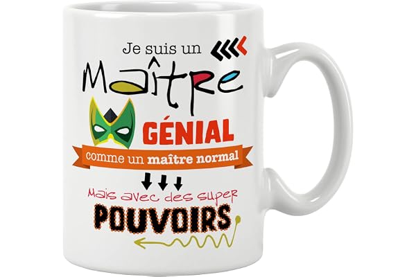 ÉNJA Création. Mug maître d'école/Tasse Maître, Maîtresse, Atsem, Aesh avec des supers pouvoirs Cadeau fin d'année scolaire Cadeau original. Prix mini. Céramique haute qualité 11oz 320ML (MAÎTRE)