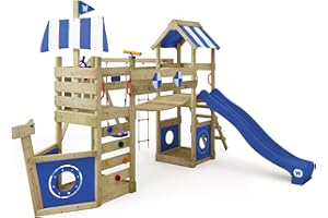 WICKEY Parque Infantil StormFlyer con Columpio y tobogán Azul, Torre de Escalada para niños al Aire Libre con arenero, Escalera y Accesorios de Juego para el jardín