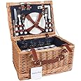display4top Deluxe 4 Person Traditional Wicker picnic basket Wicker Hamper - Premium Set with Plates, Wine Glasses, Flatware and Napkins (Blue)