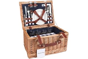 Display4top Cesta de Picnic de Mimbre Tradicional para 4 Personas Deluxe Cesto de Mimbre - Juego Premium con Platos, Copas de Vino, Cubiertos y servilletas (Azul)