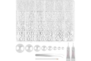 NEBURORA 13000 Pcs White Flat Back Pearl Kit 8 Sizes with Tweezer and Picker Pencil Flatback Pearl Beads Half Round Pearls for Crafting DIY Crafts Nails Makeup Shoes Phone Case