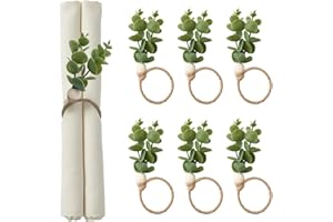 ARTOMNIVERA Napkin Rings Set of 6,Replica Eucalyptus Napkin Rings, For Table Aesthetic Green Leaf Eucalyptus Tree Beads Napkin Ring Rack, For Autumn Spring Thanksgiving Christmas Easter Wedding