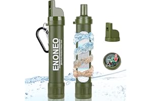ENONEO Paglia Filtro Acqua 1500L Purificatore Acqua Sopravvivenza Paglia Filtro Rimuove 99.99% Batteri e Protozoi Filtra a 0,01 Micron con Fischietto,Bussola per Escursionismo Campeggio Viaggi