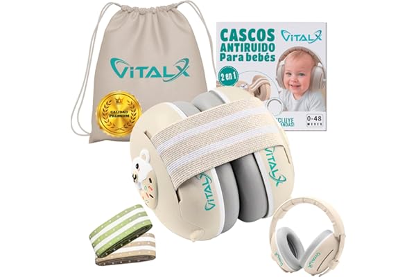 VITALX® SUPER PACK de Cascos Bebe Antiruido 3 en 1 | Cascos Antiruido Bebe y Cascos Antiruido Niños | De 0 a 48 Meses | Accesorios Bebe | Cascos ruido niños | cascos para bebes antiruido | Beige.