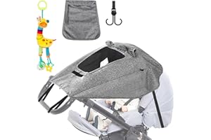 KUFAERBEAM Sonnensegel Kinderwagen UV Schutz 50+ und wasserdicht, sonnensegel für kinderwagen mit Giraffenhänger und Kinderwagenhaken, Verstellbar Universal sonnenschutz buggy mit Sichtfenster (Grau)