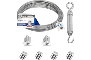 Angooni 15m Stahlseil Kit, 2mm Edelstahl Drahtseil, Spanndraht Seilspanner 304 Edelstahl Kit, Stahlseil Ummantelt mit ösen, Rankhilfen für Kletterpflanzen, Wäscheleine, Lichter Hängen
