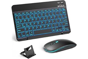 Vobafe Bluetooth Keyboard and Mouse Set with Backlight, Quiet Rechargeable Wireless Keyboard and Mouse with Phone Holder, for iPad/Samsung/iOS/Android/Windows, Ultra-thin keyboard, UK layout, Black