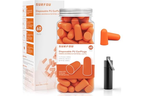 SURFOU Tapones Oidos Ruido Dormir, 60 Pares, Reducción 38 dB, Reutilizables y Ultra Suaves, Ideales para Personas que Duermen de Lado, Viajes, Casa y Estudio, Naranja