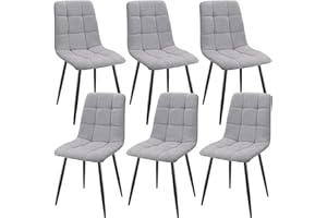 JIJIAN Lot de 6 Chaises de Salle à Manger, Chaises Tapissées en Tissu de Lin et Pieds en Métal Noir, Design en Damier, pour Salle de Séjour Chambre à Coucher Cuisine Salon Réception, Gris