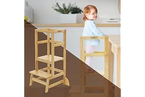 Joyz Tour d'apprentissage pour Enfants, Chaise d'Observation Montessori à partir de 1 an, Bois Naturel, Barre de Protection, Hauteur Réglable, Anti-basculement, Tabouret en 2 Marches, Aide de Cuisine