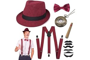 JORAKI Gatsby Accessori Uomo Anni ‘20 con Gangster Cappello Bretella Papillon Baffi Finti Orologio da Taschino,Set Costumi da Uomo per Travestimenti Feste di Ruolo Halloween