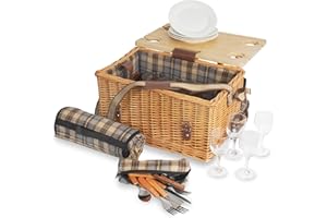 ‎CAMPFEUER CampFeuer Picknickkorb 4 Personen mit Geschirr-Set und Serviertisch | 25-teilig | Picknickkoffer mit kariertem Innenmuster | Weidenkorb mit Kunstlederriemen | Picknicktasche, Picknick Set