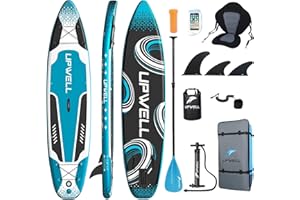 UPWELL Aufblasbares Stand Up Paddle Board 335cm/320cm mit SUP-Zubehör Inklusive Rucksack, Reparatursets, Rutschfestes Deck, Kajaksitz, Leine, 3 Flossen, Paddel und Handpumpe
