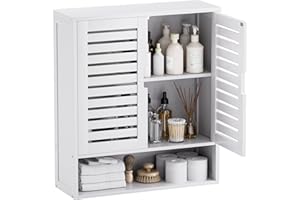 SMIBUY Armadietto da bagno montato a parete, organizzatore di stoccaggio sopra il water in bambù, armadietto medico salvaspazio con 2 porte e ripiani regolabili (Bianco)