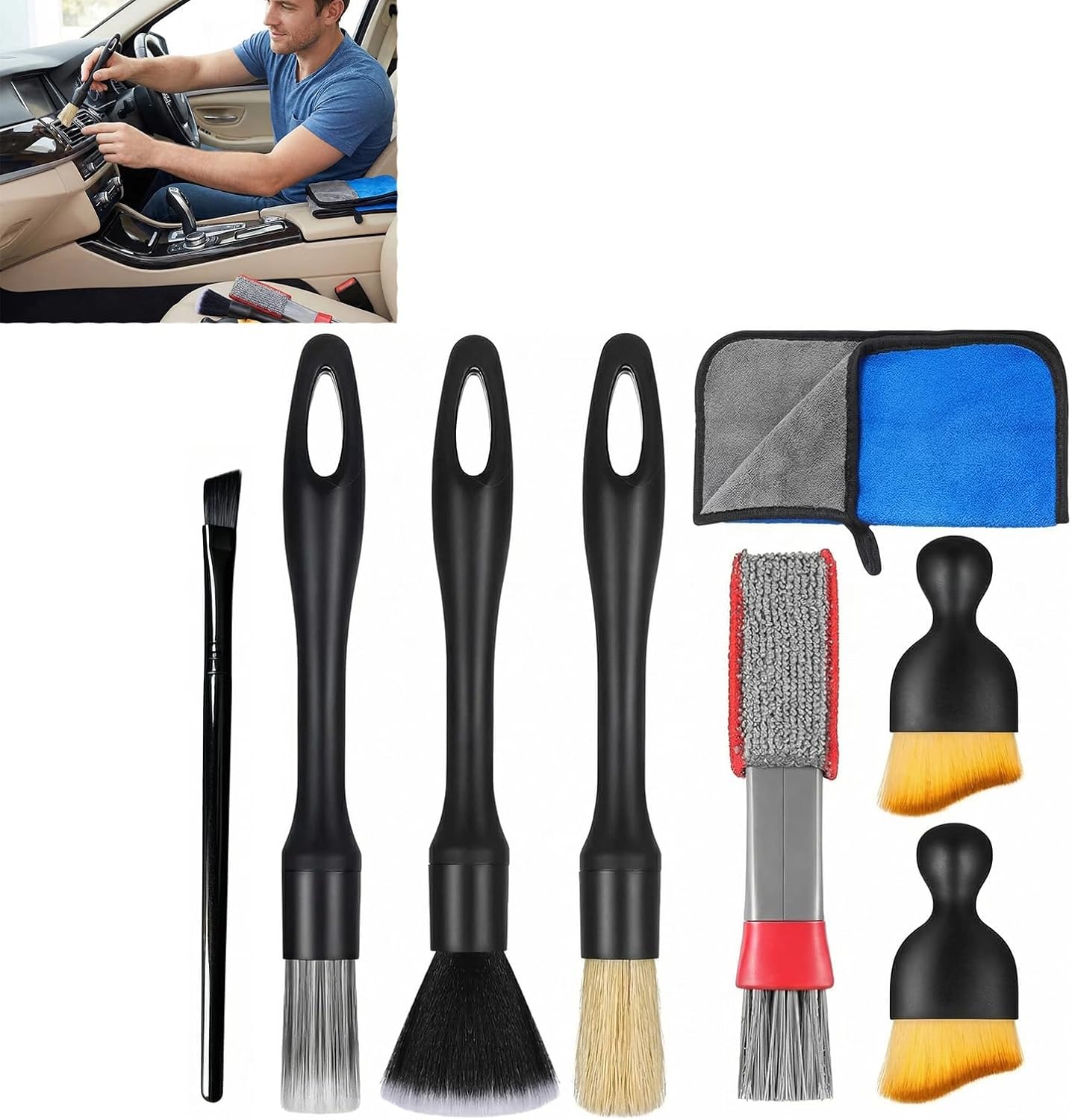 XiDeShop Set de 7 Cepillos de Limpieza para Autos - Kit de Detallado para Llantas, Interiores de Vehículos, Ventilaciones, con Toalla de Microfibra Ultra Absorbente para un Cuidado Completo